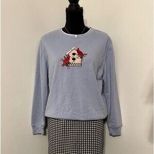 Vtg Womens Sweater Sz L P Embroidered Red Cardinals Birdhouse Granny Sweatshirt